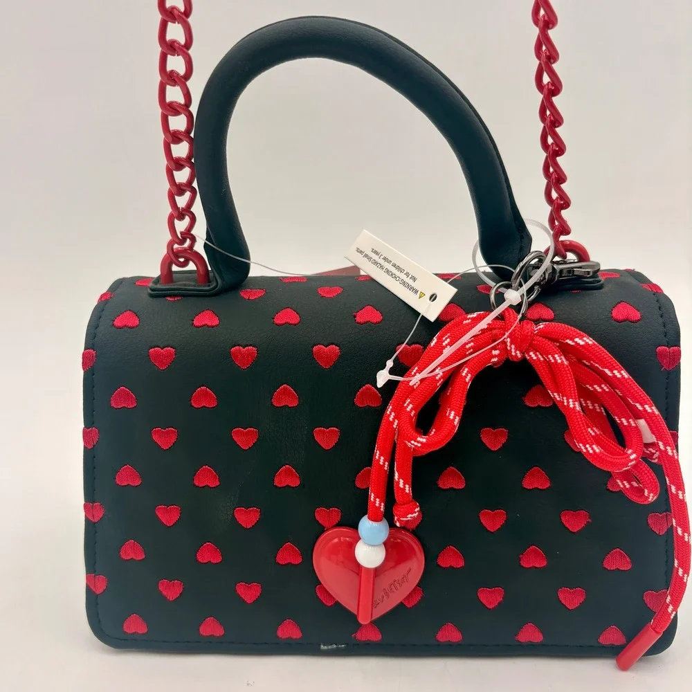 Betsey Johnson Black Red Hearts Mini‎ Top Handle Crossbody Valentine Bag Purse